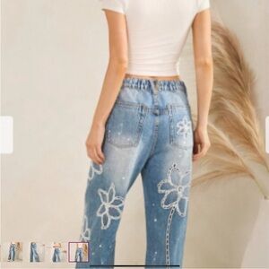 Oli & Hali Blue Floral Straight Leg washed embroidery straight jeans